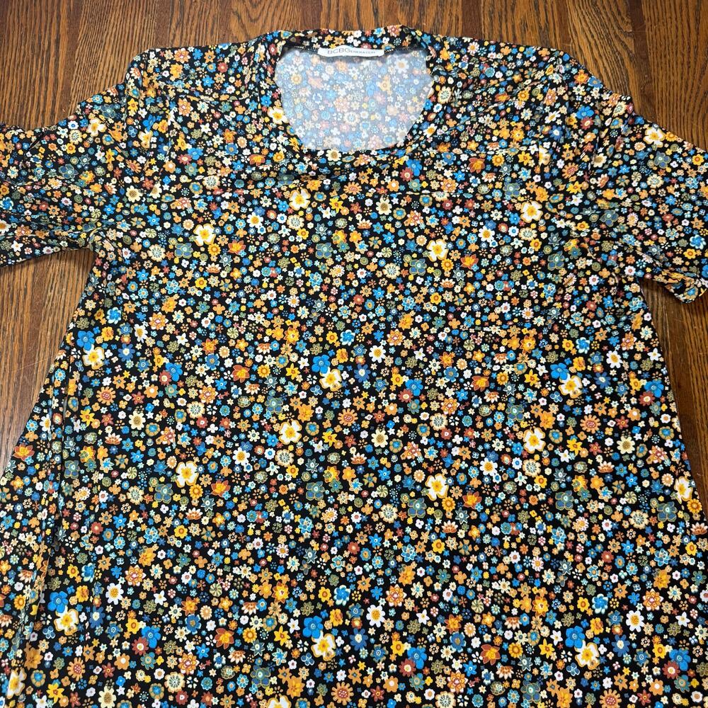 BCBG Generation Black Multicolor Floral Print Short Sleeve A-Line Flowy Dress L - Picture 2 of 7